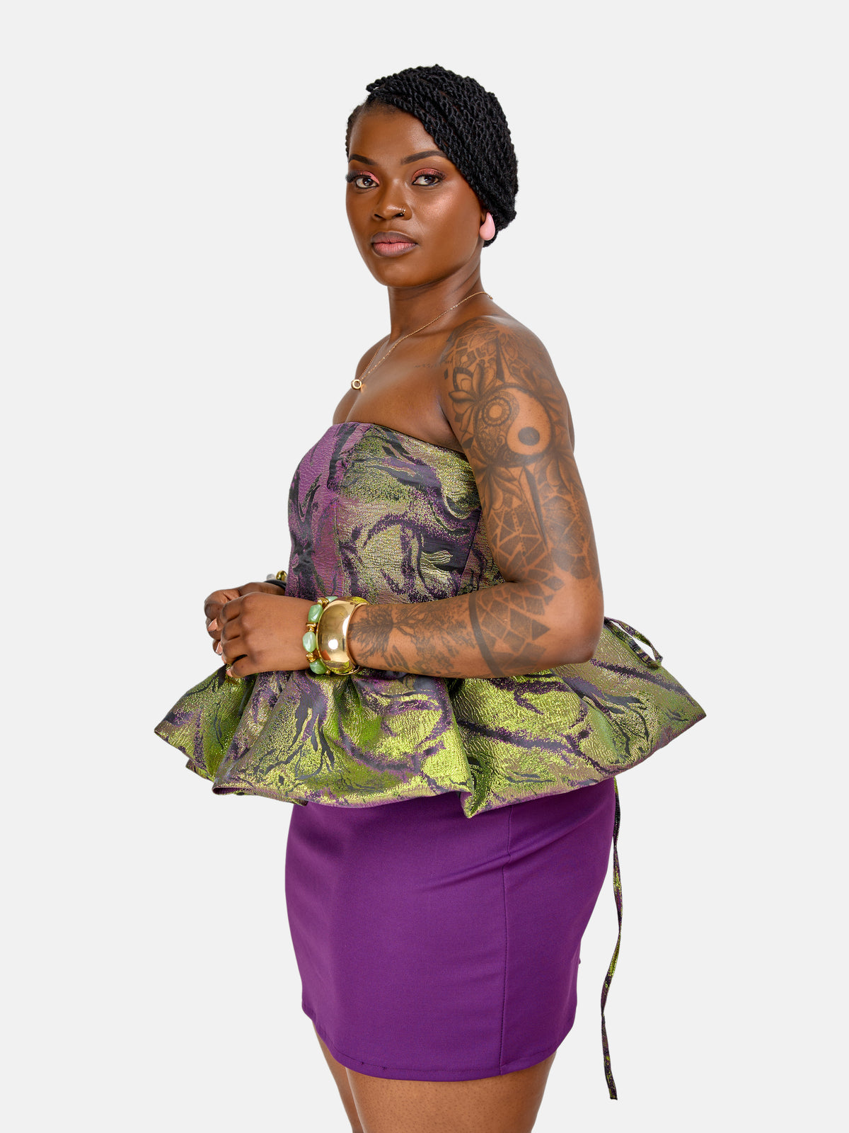 Lola Peplum Sleeveless Top - Green & Purple