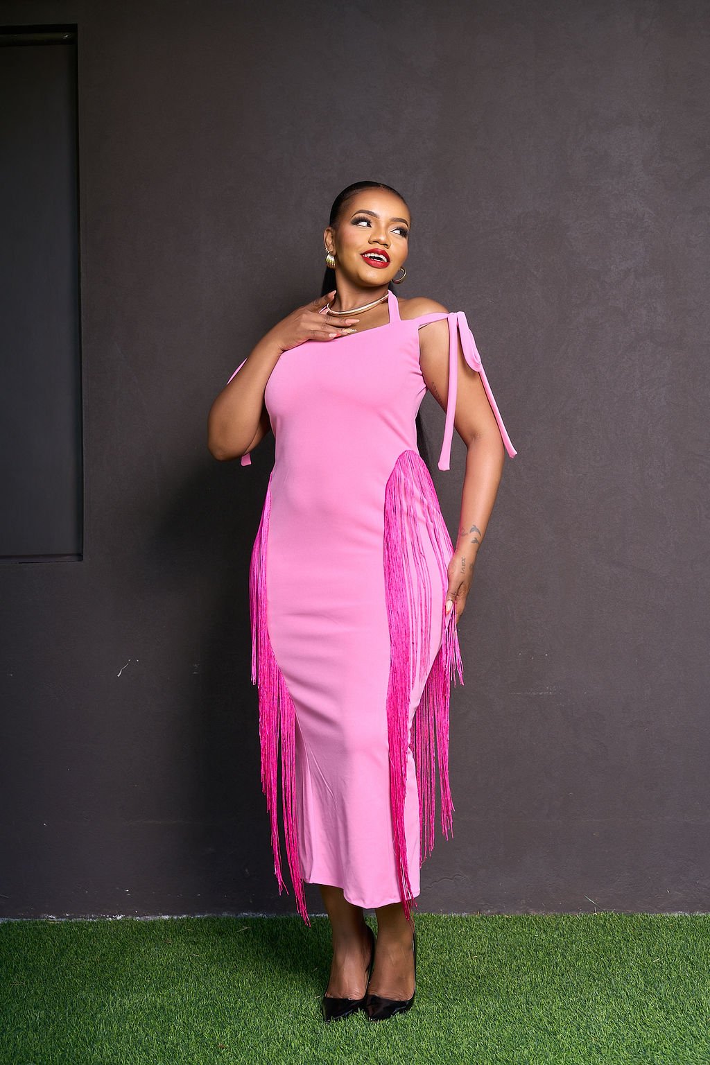 Fringe Midi Dress-Pink