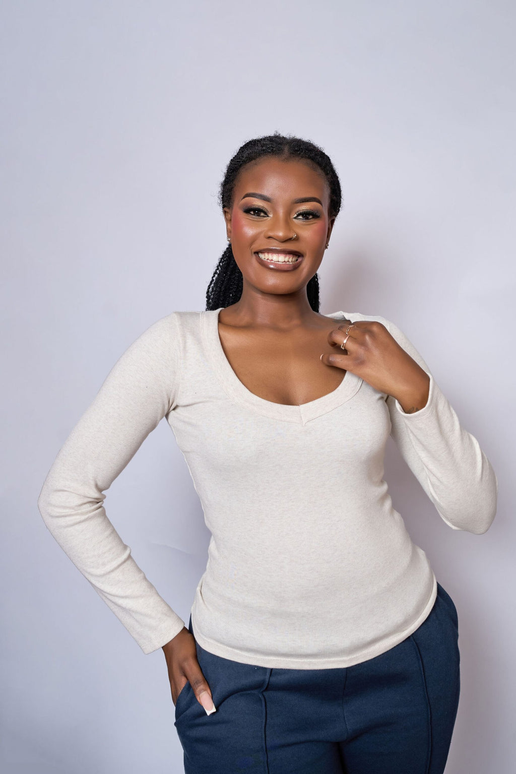 Ribbed Long Sleeve Top - White