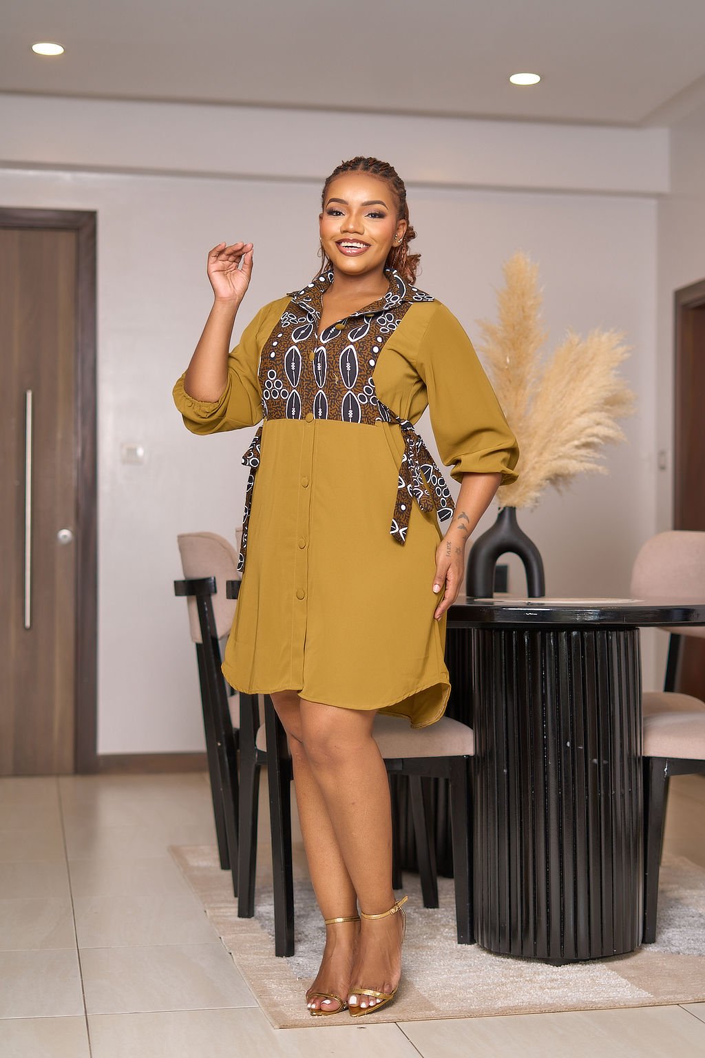 Bree Shirt Dress - Mustard & African Print