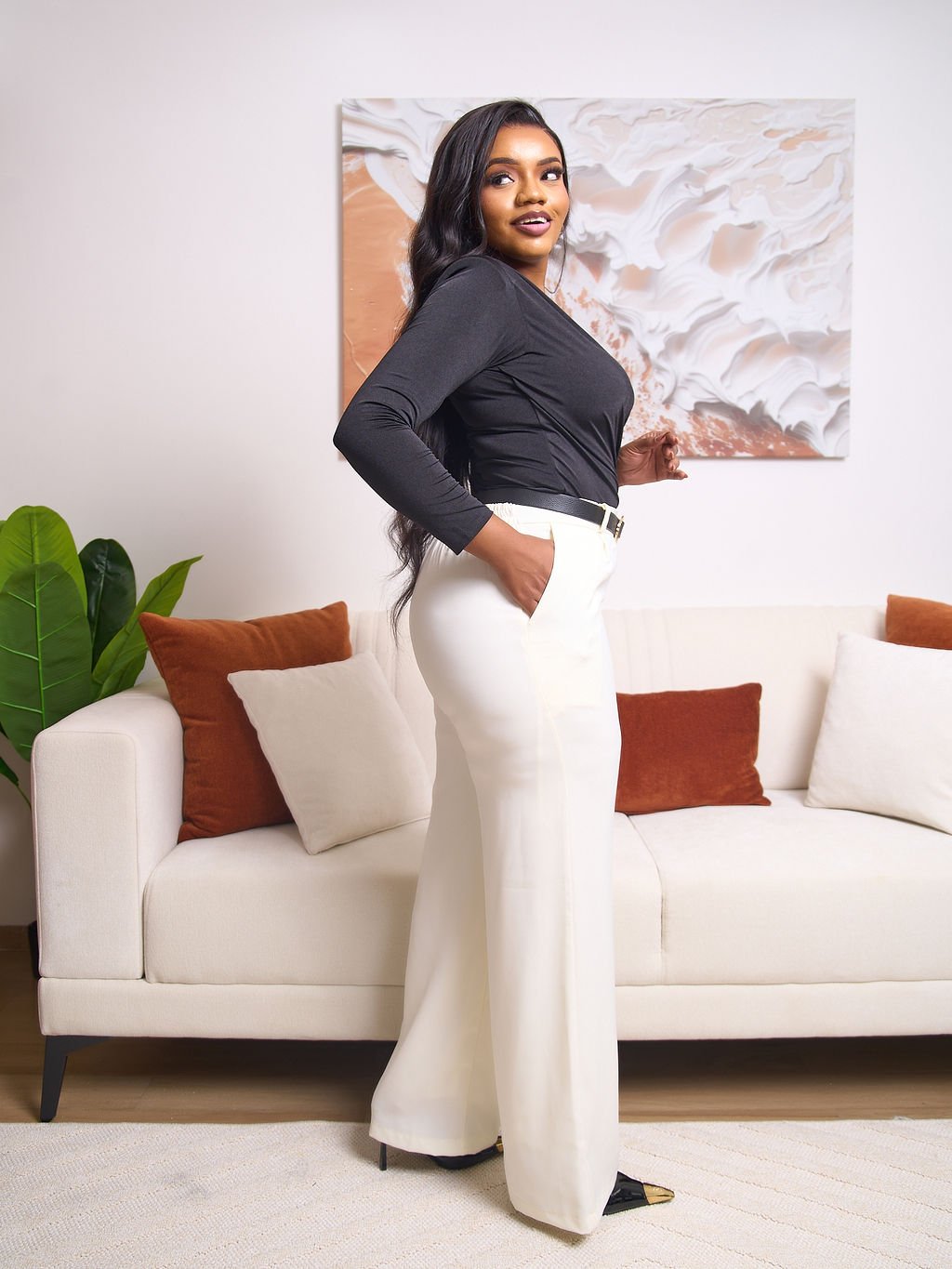 Knife Pleat Palazzo Pants - Cream