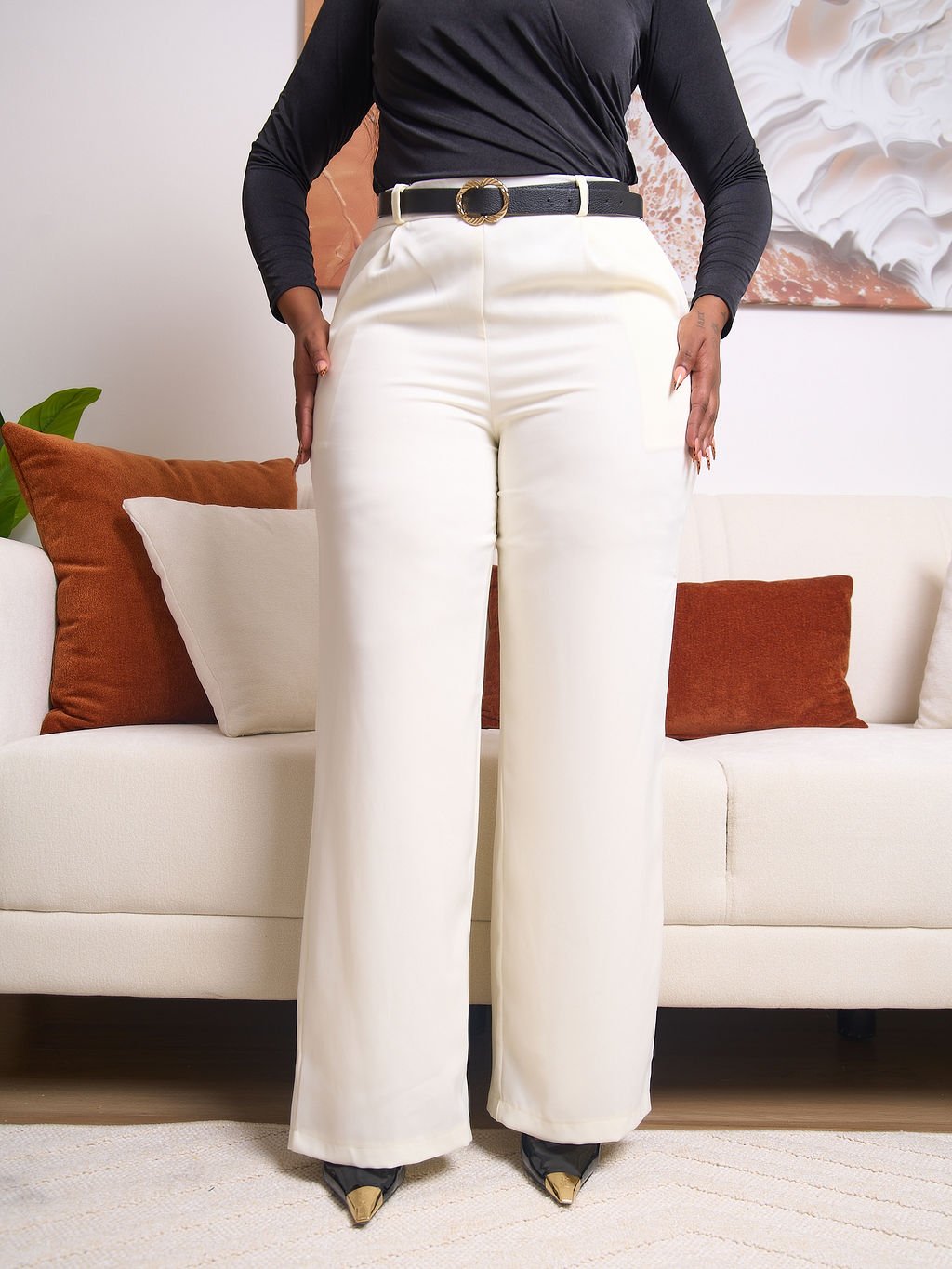Knife Pleat Palazzo Pants - Cream