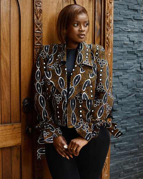 Cropped Jacket - Brown Geometric Print