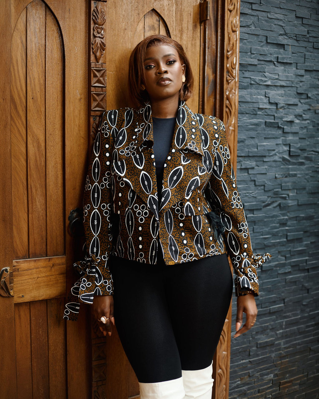 Cropped Jacket - Brown Geometric Print
