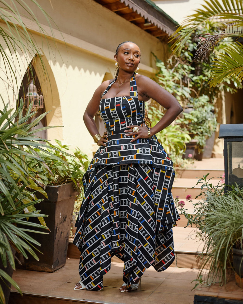 Handkerchief Skirt Set - Black Geometric Pattern