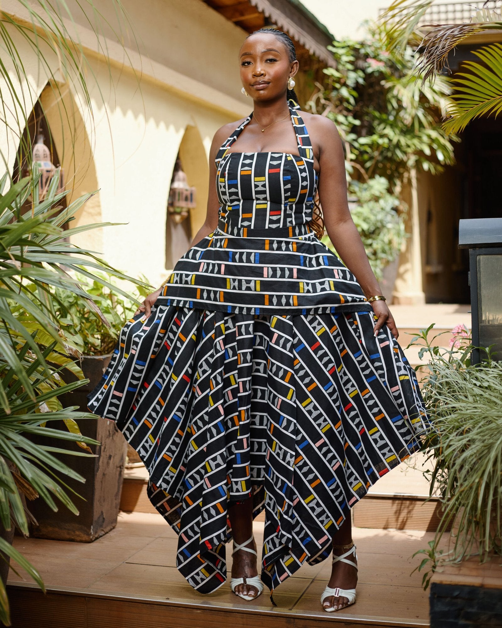 Handkerchief Skirt Set - Black Geometric Pattern