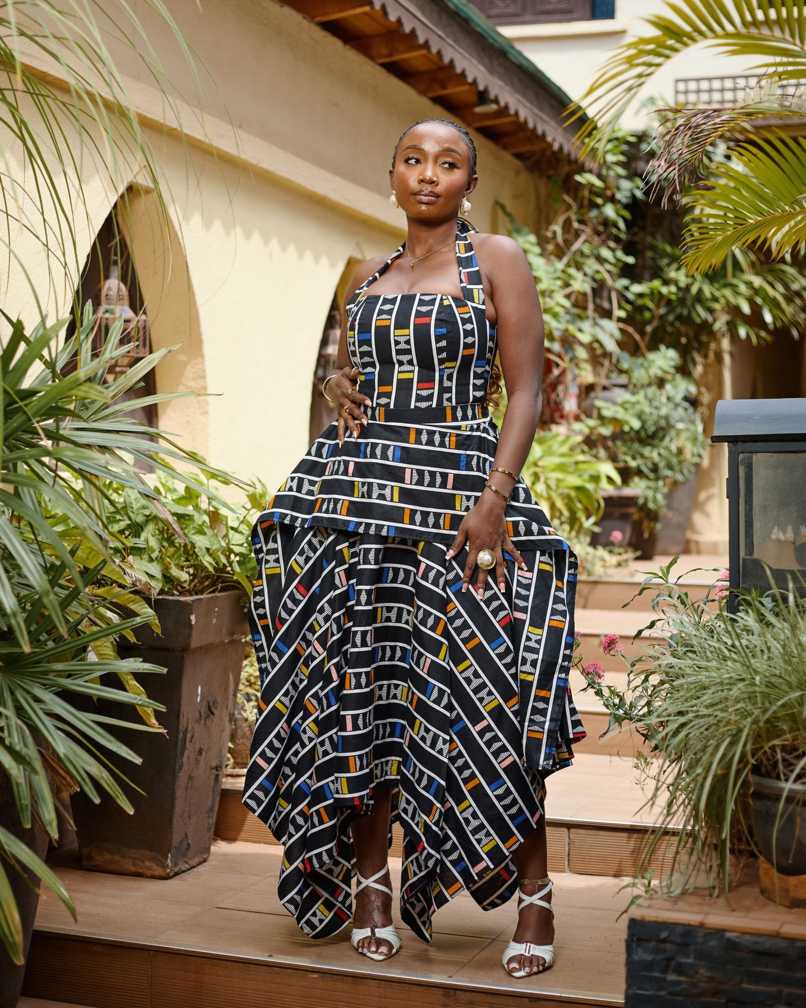 Handkerchief Skirt Set - Black Geometric Pattern