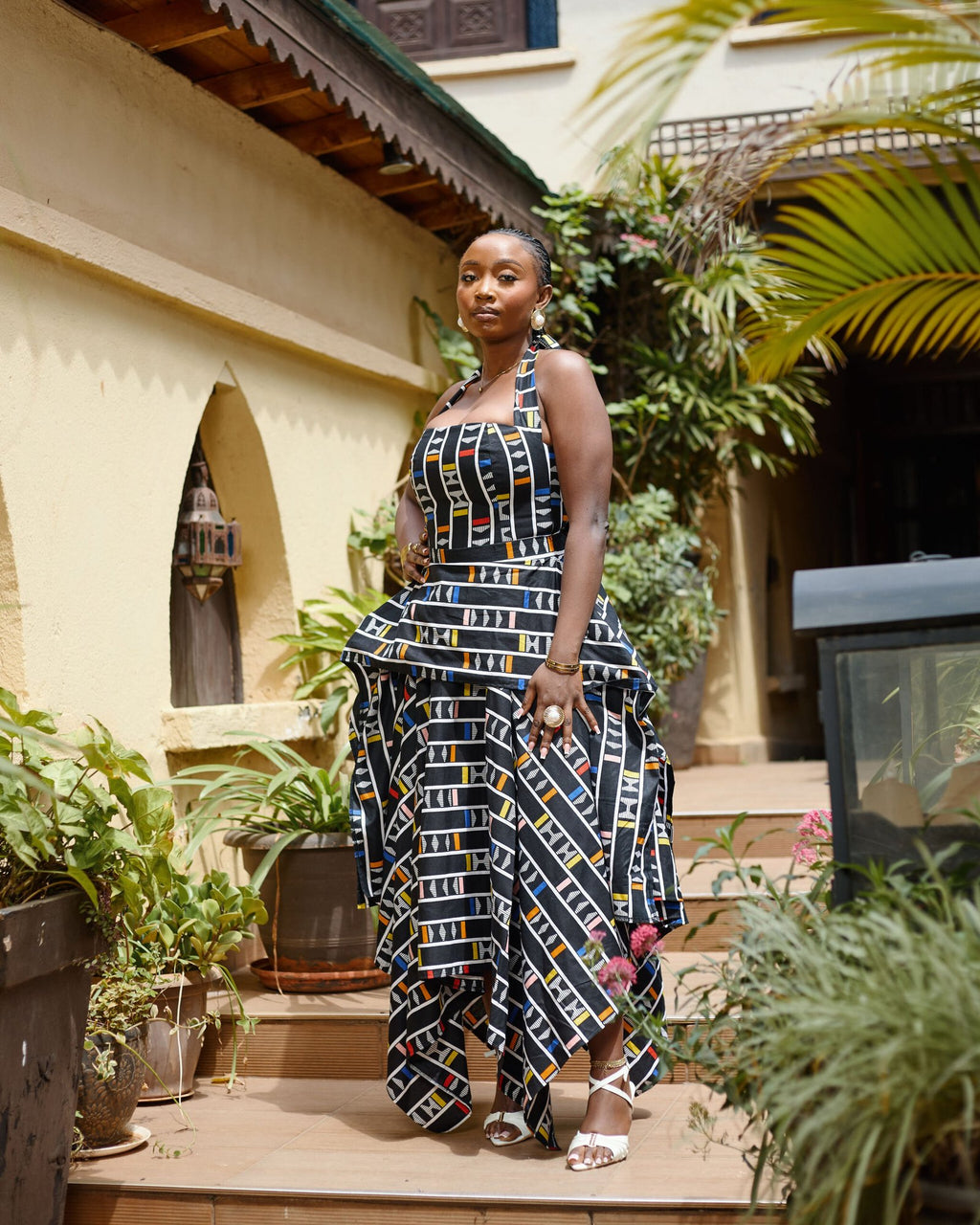 Handkerchief Skirt Set - Black Geometric Pattern