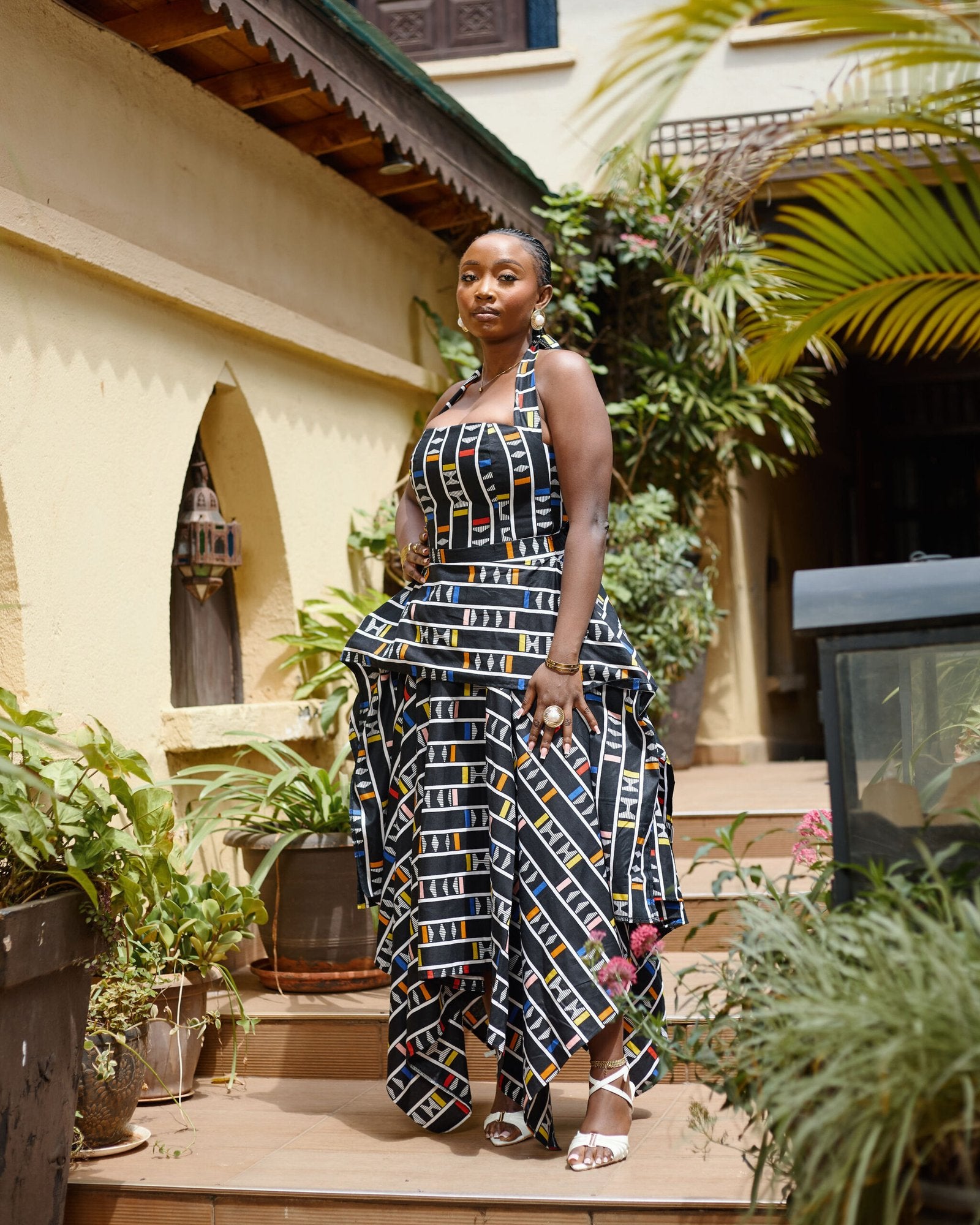 Handkerchief Skirt Set - Black Geometric Pattern