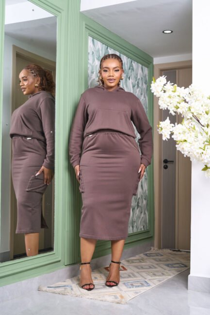 Fleece Cargo Skirt Set-Mocha Brown