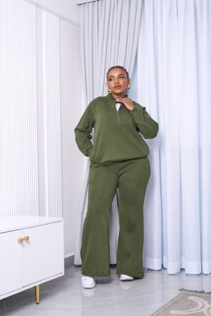 Polo Fleece Pants Set-Olive Green