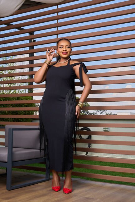 Fringe Midi Dress-Black