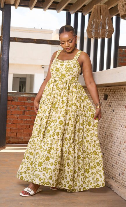 Nairobi Maxi Dress - Lime Green Floral Tiered